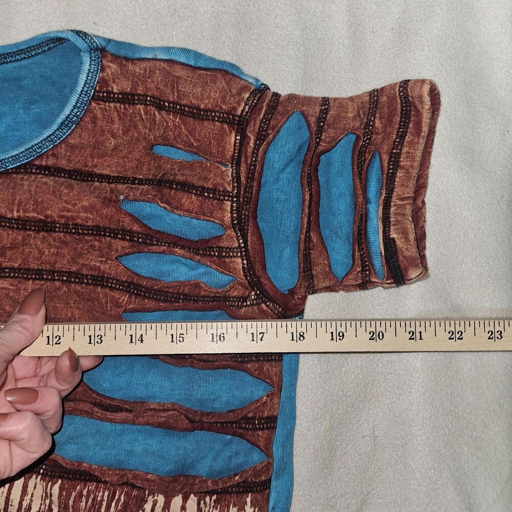 Womens XS Distresed Short Sleeve Top Brown Blue Grunge Boho Hippie 100% Cotton - Picture 5 of 7